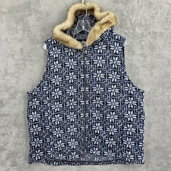 Talbots Hooded Vest 2X Blue White Snowflake Fair Isle Pockets Faux Fur Cozy Zip - Picture 10 of 10